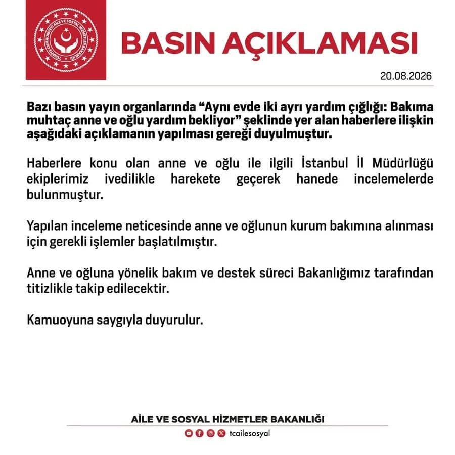 AİLE VE SOSYAL HİZMETLER BAKANLIĞININ AÇIKLAMASI