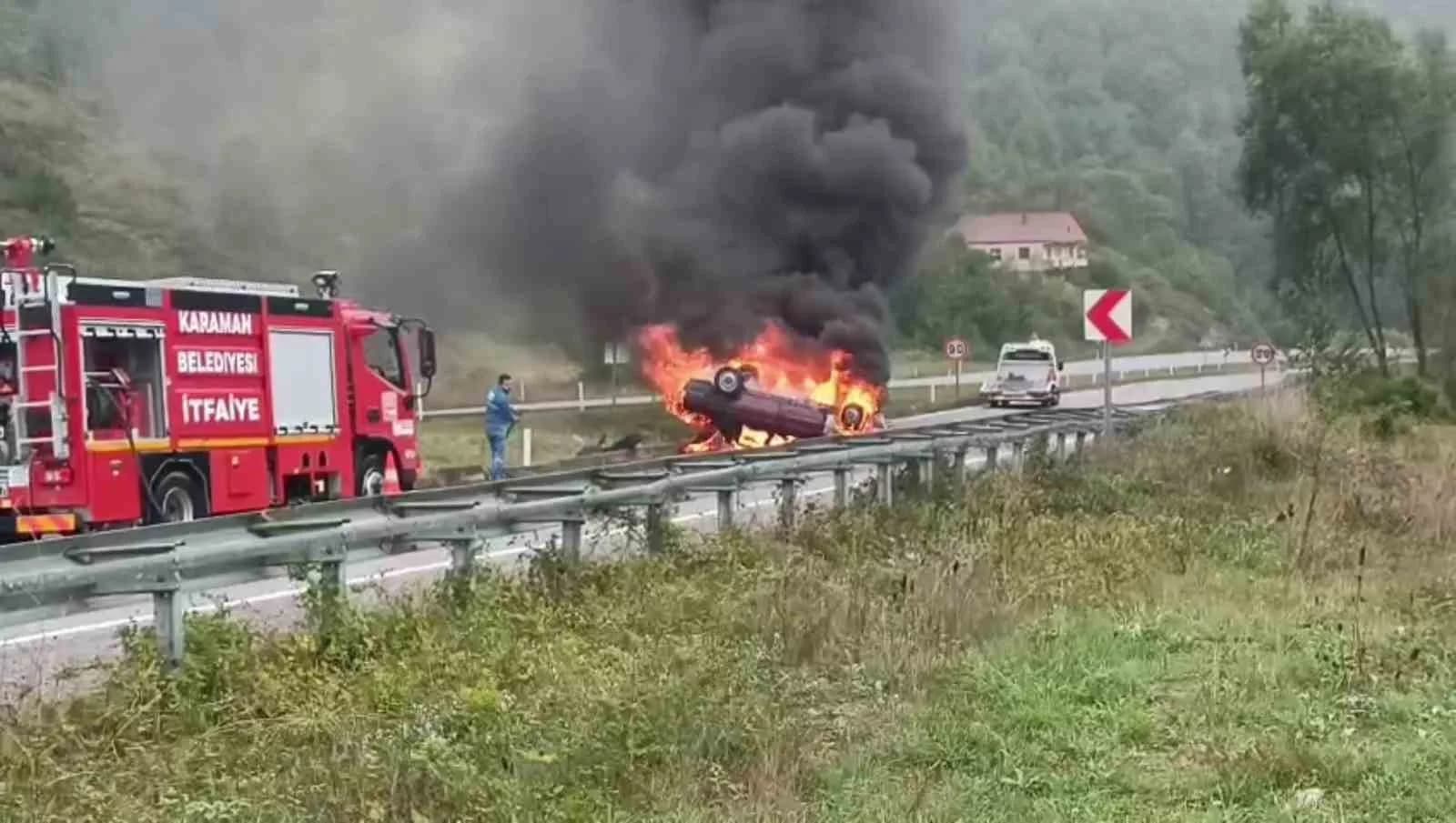 ZONGULDAK’IN SAPÇA MEVKİSİNDE KONTROLDEN ÇIKAN OTOMOBİL TAKLA ATARAK ALEVLERE TESLİM OLDU. KAZADA ARAÇTA BULUNAN E.Ç. YARALANDI.