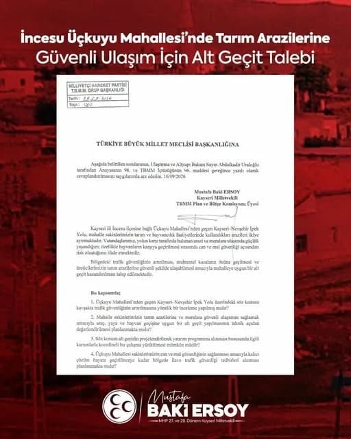 MİLLİYETÇİ HAREKET PARTİSİ (MHP) KAYSERİ MİLLETVEKİLİ BAKİ ERSOY, İNCESU İLÇESİNDE TARIM ARAZİLERİ VE MERALARA GÜVENLİ ULAŞIM KONUSUNU TBMM’YE TAŞIDI.
