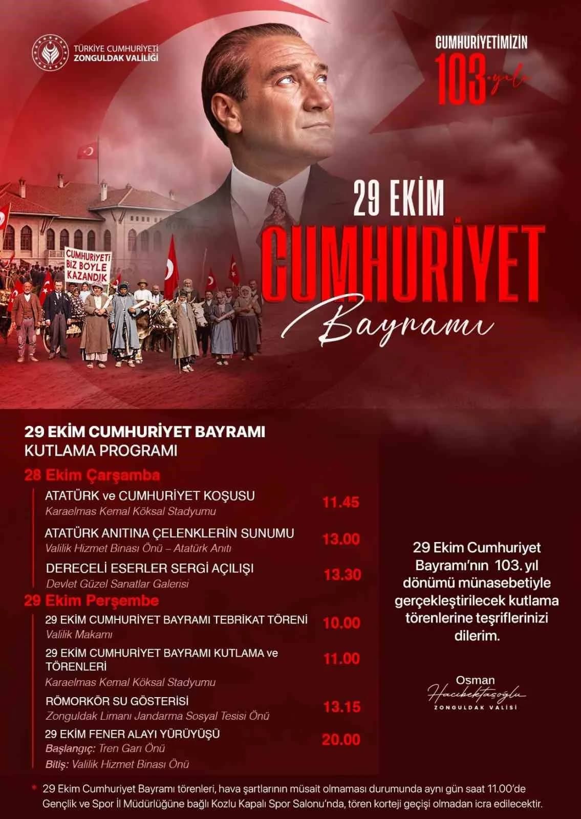 CUMHURİYET’İN KURULUŞUNUN 103. YIL DÖNÜMÜ DOLAYISIYLA ZONGULDAK’TA DÜZENLENECEK KUTLAMALARIN PROGRAMI AÇIKLANDI. 28 EKİM’DE BAŞLAYACAK ETKİNLİKLER, 29 EKİM AKŞAMI GERÇEKLEŞTİRİLECEK FENER ALAYI YÜRÜYÜŞÜYLE TAMAMLANACAK.