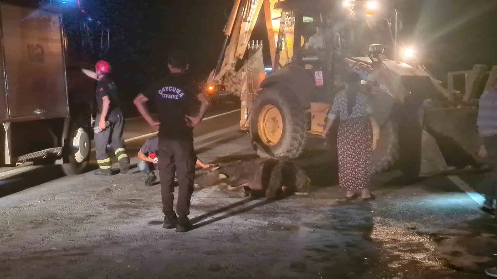 ZONGULDAK'IN ÇAYCUMA İLÇESİNDE BİR SÜRÜCÜ KARA YOLUNA ÇIKAN 3 MANDAYA ÇARPTI. HURDAYA DÖNEN ARAÇTA BULUNAN İKİ KİŞİ YARALANDI. YARALILARA İLK MÜDAHALEYİ KARAPINAR JANDARMA KARAKOLU EKİPLERİ YAPTI.