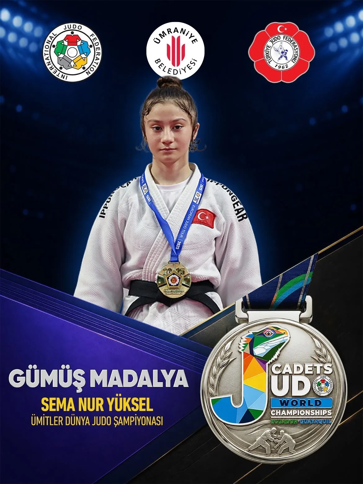 ÜMRANİYE BELEDİYESİ SPOR KULÜBÜ’NÜN MİLLİ GURURU SEMA NUR YÜKSEL, EKVADOR’DA DÜZENLENEN ÜMİTLER DÜNYA JUDO ŞAMPİYONASI’NDA GÜMÜŞ MADALYAYA UZANARAK DÜNYA İKİNCİSİ OLDU. RAKİPLERİNİ TEK TEK DEVİREREK FİNALE ADINI YAZDIRAN MİLLİ JUDOCU, AY-YILDIZLI BAYRAĞIMIZI DÜNYA PODYUMUNDA GURURLA DALGALANDIRDI.